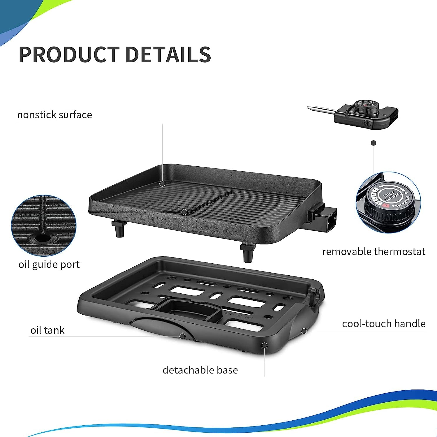 Electric Indoor Korean BBQ Grill - 1500W Nonstick Removable Griddle with Smart 5-Heat Temperature Control, Family Size 14-Inch Tabletop Plate, PFOA-Free Black Finish